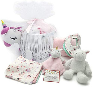 lot 66717 image: Baby Shower Gifts - New Baby Newborn Essential Gift Basket, Beautiful Unicorn Theme Gift Wrapped for a boy or Girl, All in One Registry Essential Stuff, Includes Card Perfect Set