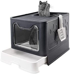 lot 67050 image: Bolux Foldable Cat Litter Box with Lid, Extra Large Litter Box with Cat Litter Scoop, Drawer Type Cat Litter Pan Easy to Scoop & Low Tracking ( Dark Grey, 20 L x 16 W x 15 H )