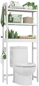 lot 67056 image: Bamjoy Over The Toilet Storage Shelf, Bamboo 3 Tier Bathroom Space Saver Organizer, Multipurpose Toilet Storage Rack with 6 Hooks, Easy to Assemble, 64�H White