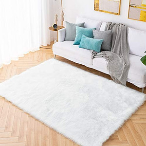 lot 67067 image: Carvapet Shaggy Soft Faux Sheepskin Fur Area Rugs Floor Mat Luxury Beside Carpet for Bedroom Living Room 5ft x 7ft, Cream
