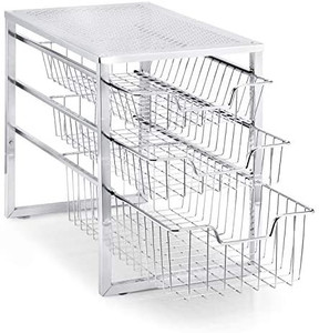 lot 67082 image: Simple Trending 3-Tier Under Sink Organizer with Sliding Storage Drawer, Cabinet Organizer, Stackable, Chrome   (May not be exact stock photo)