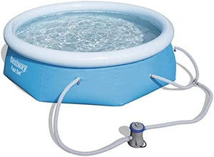 lot 67095 image: Bestway 57267E Fast Set Up Outdoor Inflatable Round Above Ground Swimming Pool with 330 GPH Filter Pump, Blue