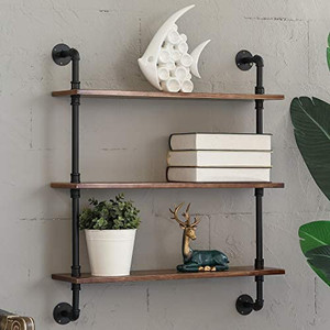 lot 67119 image: MOCOME Industrial Pipe Shelving 27.5 W Rustic Floating Wood Shelf Wall Mounted Farmhouse Industrial Shelves with Natural Solid Pine Wood Plank for Bathroom Living Room Kitchen (3 Tier, Brown)