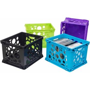 lot 67124 image: Storex Plastic Mini Crate, Modular Desktop Paper Storage Box, Assorted Colors, 3-Pack