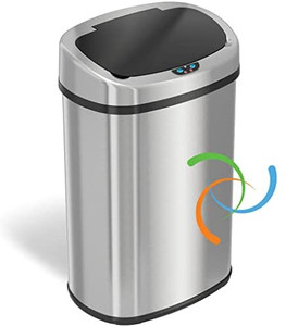 lot 67128 image: SensorCan 13 Gallon Oval Automatic Touchless Sensor Kitchen Garbage Can with 1 Waterproof Reusable Trash Vinyl Sticker, Stainless Steel Space Saving Design  (Retails $99)