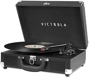 lot 67137 image: Victrola Vintage 3-Speed Bluetooth Portable Suitcase Record Player with Built-in Speakers  Upgraded Turntable Audio Sound Includes Extra Stylus  Black