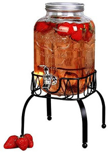 lot 67149 image: Glass Drink Dispenser for Parties - 1 Gallon Glass Jar Beverage Dispenser with Stand - Glass Water Dispenser Countertop for Weddings, Sun Tea Jar, Lemonade & Laundry Detergent Dispenser