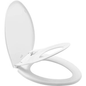 lot 7858 image: Mayfair Little2Big Never Loosens Elongated Plastic Childrens Potty Training Toilet Seat with Slow Close Hinge - White