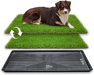 lot 7625 image: LOOBANI 35in x 23in Extra Large Grass Porch Potty Tray, 2-Packs Replacement Artificial Fake Grass Puppy Training Pads- Portable Dog Patio Potty for BalconyApartment Use