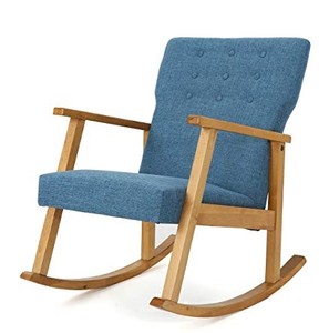 lot 7626 image: Christopher Knight Home Harvey Mid Century Modern Fabric Rocking Chair, Muted Blue And Light Walnut - Retail $199.19