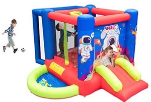 lot 7007 image: WELLFUNTIME Inflatable Bounce House with Slide, Jumping Castle with Blower for Kids Play House with Wave Pool