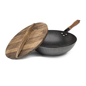 lot 49215 image: Goodful Carbon Steel Wok, Hammered Pow Wok with Wooden Lid, 13in.,Black
