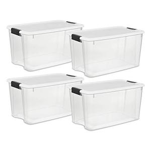 lot 49258 image: Sterilite 70 Quart66 Liter Ultra Box Clear with a White Lid and Black Latches, 4-Containers