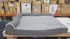 lot 49286 image: Furhaven Pet Jumbo-Two Tone Faux Fur & Suede Deluxe Chaise Lounge Orthopedic Sofa Pet Bed, Stone Gray