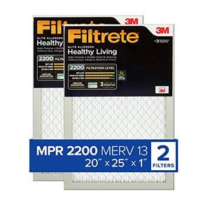 lot 49325 image: Filtrete 20x25x1, AC Furnace Air Filter, MPR 2200, Healthy Living Elite Allergen, 2-Pack (exact dimensions 19.69 x 24.69 x 0.78)