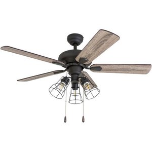 lot 49353 image: Prominence Home Madison County Industrial 42-Inch Aged Bronze Indoor Ceiling Fan, Cage LED Cage BarnwoodTumbleweed Blades
