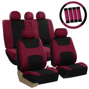 lot 49371 image: FH Group Light and Breezy Burgundy and Black Auto Accessories Set with Steering Wheel Cover and Seat Belt Pads Airbag Compatible and Split Bench Full Set Seat Covers