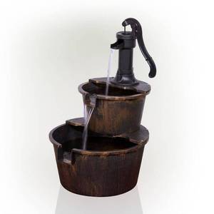 lot 49387 image: Alpine Corporation 27in.,Two-Tier Barrel & Pump Outdoor Fountain, Bronze
