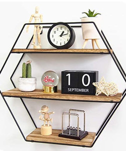 lot 49448 image: TFER Floating Shelves Wall Mounted Hanging Shelf Hexagon Rustic Farmhouse Shelves