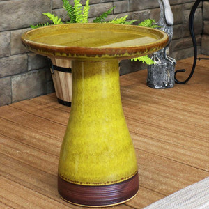 lot 24853 image: Sunnydaze Outdoor Ceramic Bird Bath - Duo-Tone - High-Fired Hand-Painted UV and Frost Resistant Finish -  Cognac Yellow -Retail $209.00