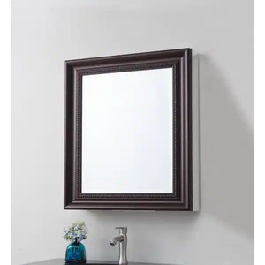 lot 24856 image: Recessed or Surface Mount Mirrored Medicine Cabinet with Deco Framed Door in Oil Rubbed Bronze (24 in. x 30 in.) - Retail $163.44