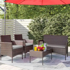lot 24871 image: Brown - 4-Pieces Wicker Outdoor Patio Furniture Sets Rattan Chair Wicker Set with Gray Cushion - Retail $225.73