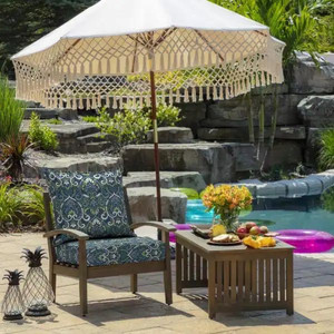 lot 24879 image: 2-Piece Deep Seating Outdoor Lounge Chair Cushion in Sapphire Aurora Blue Damask (22 in. x 24 in.) - Retail $60.71