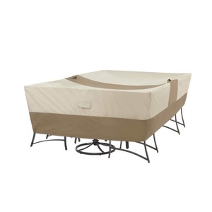lot 24883 image: Hampton Bay - Rectangular Outdoor Patio Table with Chair Cover, Beige - Retail $59.00
