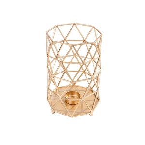 lot 24884 image: Hampton Bay 10.5 in. Brushed Gold Metal Outdoor Patio Lantern, Beige - Retail $29.00