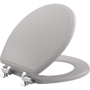 lot 24904 image: BEMIS - Weston Slow Close Round Closed Front Enameled Wood Toilet Seat in Silver Never Loosens Chrome Metal Hinge - Retail $41.98
