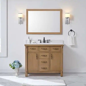 lot 24940 image: Home Decorators Collection - Bellington (42 in. W x 22 in. D)  Vanity in Almond Toffee with Cultured Marble Vanity Top in White with White Sink - Retail $1,556.65