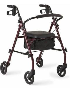 lot 29867 image: Medline Rollator Walker with Seat, Steel Rolling Walker with 6-inch Wheels Supports up to 350 lbs, Medical Walker, Burgundy
