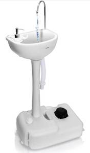 lot 29871 image: SereneLife Portable Camping Sink w Towel Holder & Soap Dispenser - 19L Water Capacity Hand Wash Basin Stand w Rolling Wheels - For Outdoor Events, Gatherings, Worksite & Camping - SLCASN18,White