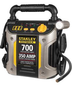 lot 29873 image: STANLEY FATMAX J7CS Portable Power Station Jump Starter 700 Peak350 Instant Amps, 120 PSI Air Compressor, 3.1A USB Ports, Battery Clamps - Missing AC Adapter