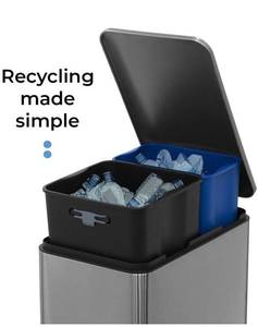 lot 73551 image: 13 Gallon Kitchen Trash Can, Dual Compartment Recycle Combo, Slim Stainless Steel, 50 Liter, Silver