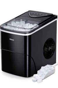 lot 73593 image: Silonn Ice Makers Countertop, 9 Cubes Ready in 6 Mins, 26lbs in 24Hrs, Self-Cleaning Ice Machine with Ice Scoop and Basket, 2 Sizes of Bullet Ice for Home Kitchen Office Bar Party