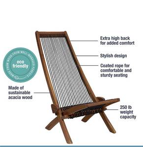 lot 73611 image: CleverMade Tamarack Folding Rope Chair - Foldable Outdoor Low Profile Wood Lounge Chair for the Patio, Backyard, and Deck