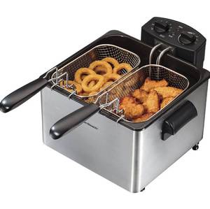 lot 30640 image: Hamilton Beach Deep Fryer with 2 Frying Baskets, 19 Cups  4.5 Liters Oil Capacity, Lid with View Window, Professional Grade, Electric, 1800 Watts, Stainless Steel