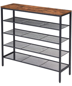 lot 34254 image: YMYNY Industrial Shoe Rack, 5-Tier Shoe Storage Organizer with 4 Mesh Shelves, Metal Frame . Top Shelf Gray, Frame Black, 108.6x36.6x15.8 cm