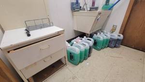 lot 14632 image: Contents of Room - White Sink, 2-Drawer Cabinet, Mop Rite III W Degreaser and More