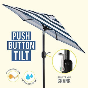 lot 4559 image: 6 Ft Outdoor Patio Umbrella, Easy to OpenClose Crank and Push Button Tilt Adjustment - Navy Blue Striped Market Umbrellas