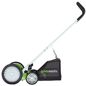 lot 4562 image: Greenworks 25072 20-Inch 5-Blade Push Reel Lawn Mower with Grass Catcher