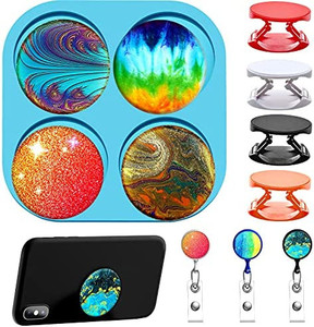 lot 4588 image: Circle Silicone Mold Round Resin Mold Phone Grip Epoxy Mold 4 Cavity Phone Socket Resin Mold with 4 Pieces Plastic Round Cellphone Sockets for DIY Crystal Casting Crafts Making (Blue)