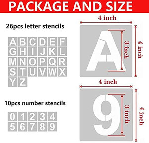 lot 4612 image: 4 Inch Letter Stencils and Numbers, 36 Pcs Alphabet Art Craft Stencils, Reusable Plastic Art Craft Stencils for Wood, Wall, Fabric, Rock, Chalkboard, Signage, DIY School Art Projects