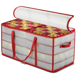 lot 4636 image: Plastic Christmas Ornament Storage Box Large with 2 Sided Dual Zipper Closure - Keeps 128 Holiday Ornaments, Xmas Decorations Accessories, 3 Compartments - Sturdy Flexible Plastic