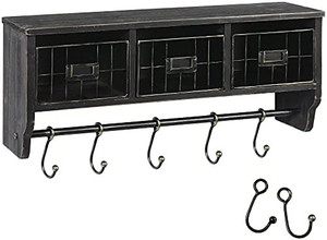 lot 4639 image: HBCY Creations Rustic Coat Rack Wall Mounted Shelf with Hooks & Baskets, Entryway Organizer Wall Shelf, Solid Wooden Shelf with Hooks - Hang Coats, Keys or Coffee Mugs (Blackwash, 24 Inch)