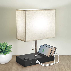 lot 4640 image: (2 pack) Bedside Lamp for Bedroom,2 Phone Stand Base Modern Table Lamp with Natural Daylight, 2 USB Charging Ports, AC Outlets,Winshine Nightstand Lamp Fabric Linen Lampshade E26 LED Bulb Included