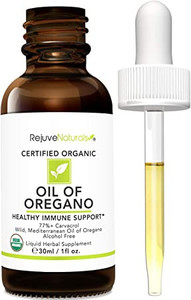 lot 4691 image: Oil of Oregano, USDA Organic - 1 fl oz (30ml Liquid) Wild, Mediterranean Oregano Oil. Concentrated Immune Support Drops. Gluten Free, Vegan & Non-GMO. Min 77% Carvacrol by RejuveNaturals