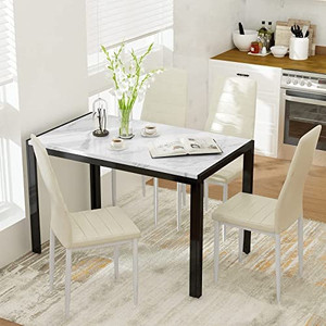 lot 6583 image: AWQM Marble Dining Table , Rectangular Faux Marble Table, Kitchen Table Set,Ideal for Living Room, Dining Room,Breakfast Nook, White&Beige may vary from stock photo