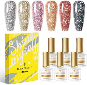 lot 6592 image: BORN PRETTY Glitter Gel Nail Polish Sparkly Shiny Pink Silver Black Gel Nail Polish Kit Soak Off UV Nail Gel Gift Box Nail Art Manicure Varnish Kit 7ML 6PCS